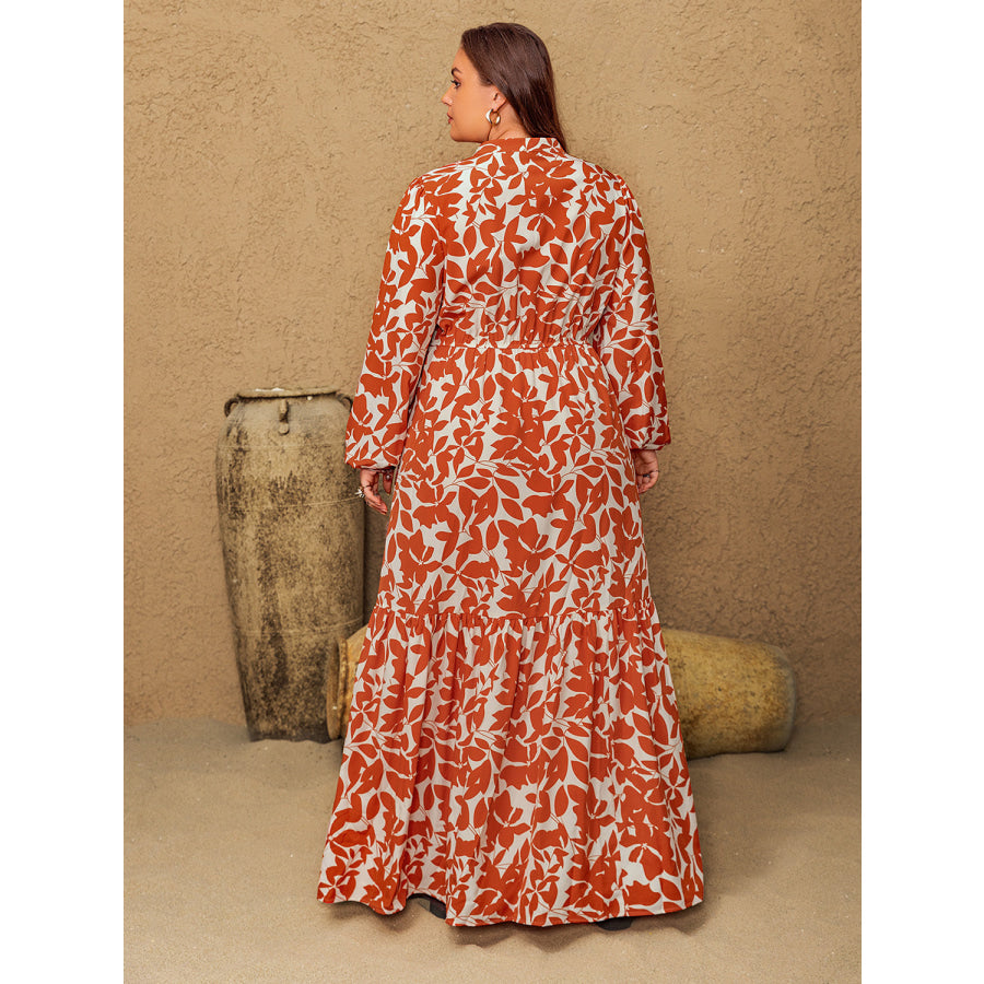 Plus Size Printed Notched Long Sleeve Maxi Dress Apparel and Accessories