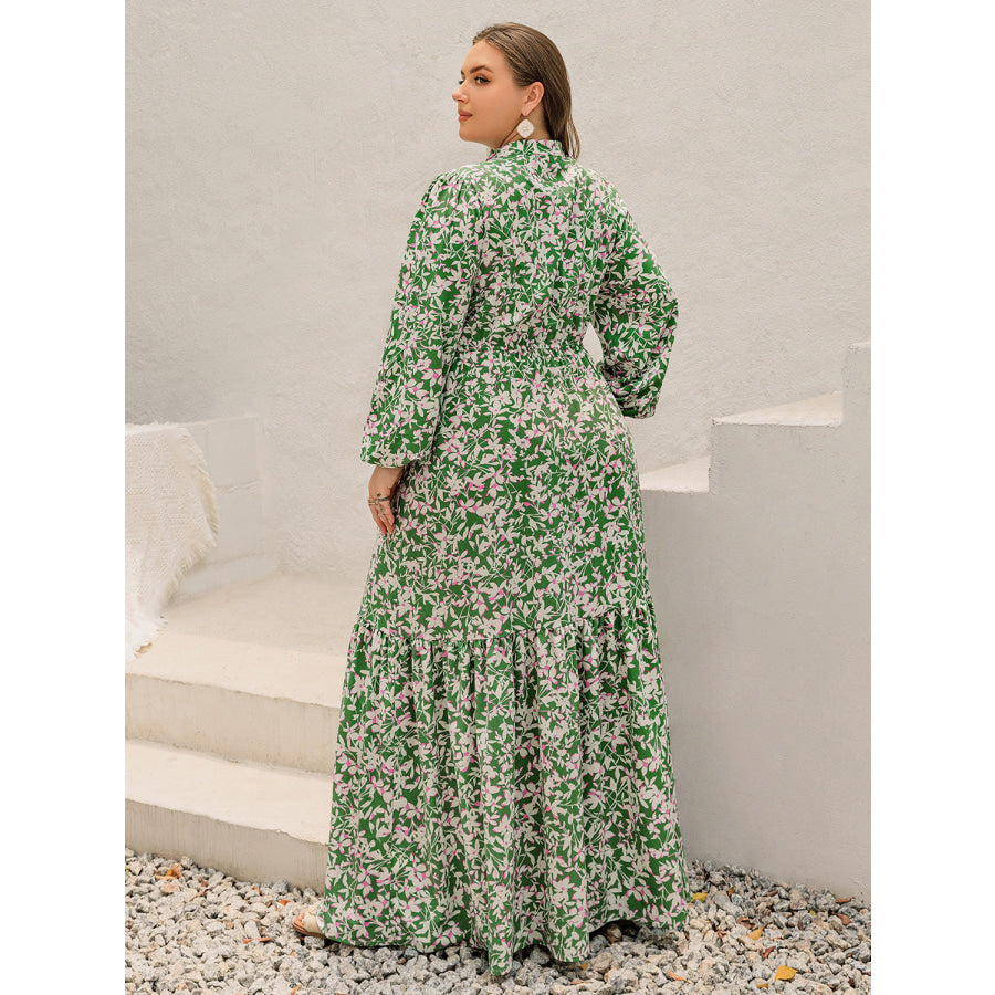 Plus Size Printed Notched Long Sleeve Maxi Dress Apparel and Accessories