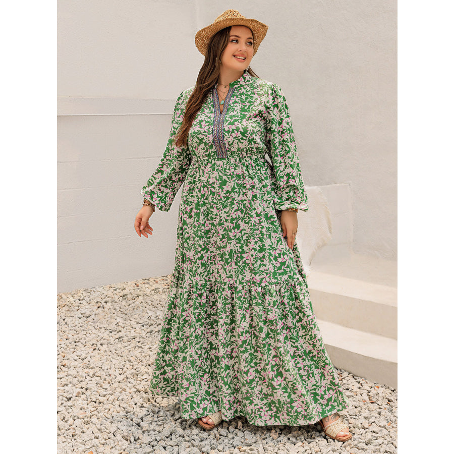 Plus Size Printed Notched Long Sleeve Maxi Dress Apparel and Accessories