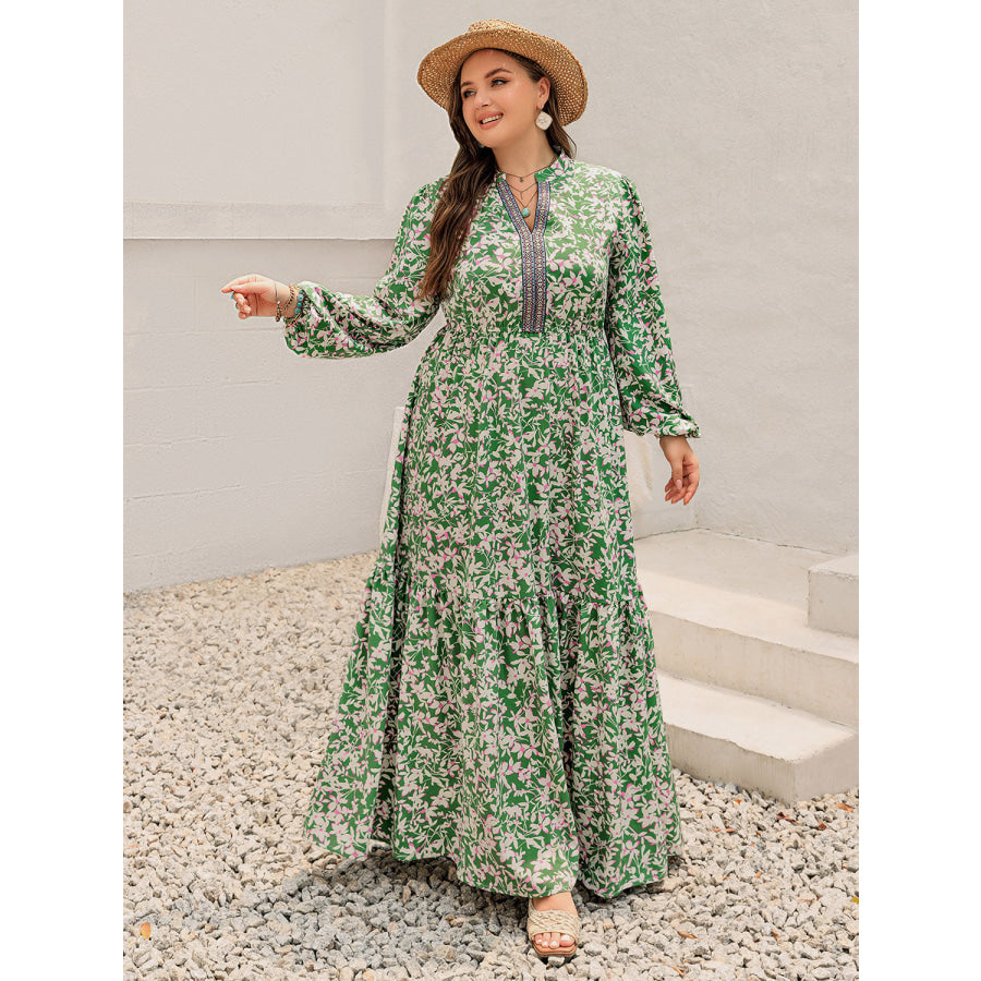 Plus Size Printed Notched Long Sleeve Maxi Dress Green / 0XL Apparel and Accessories