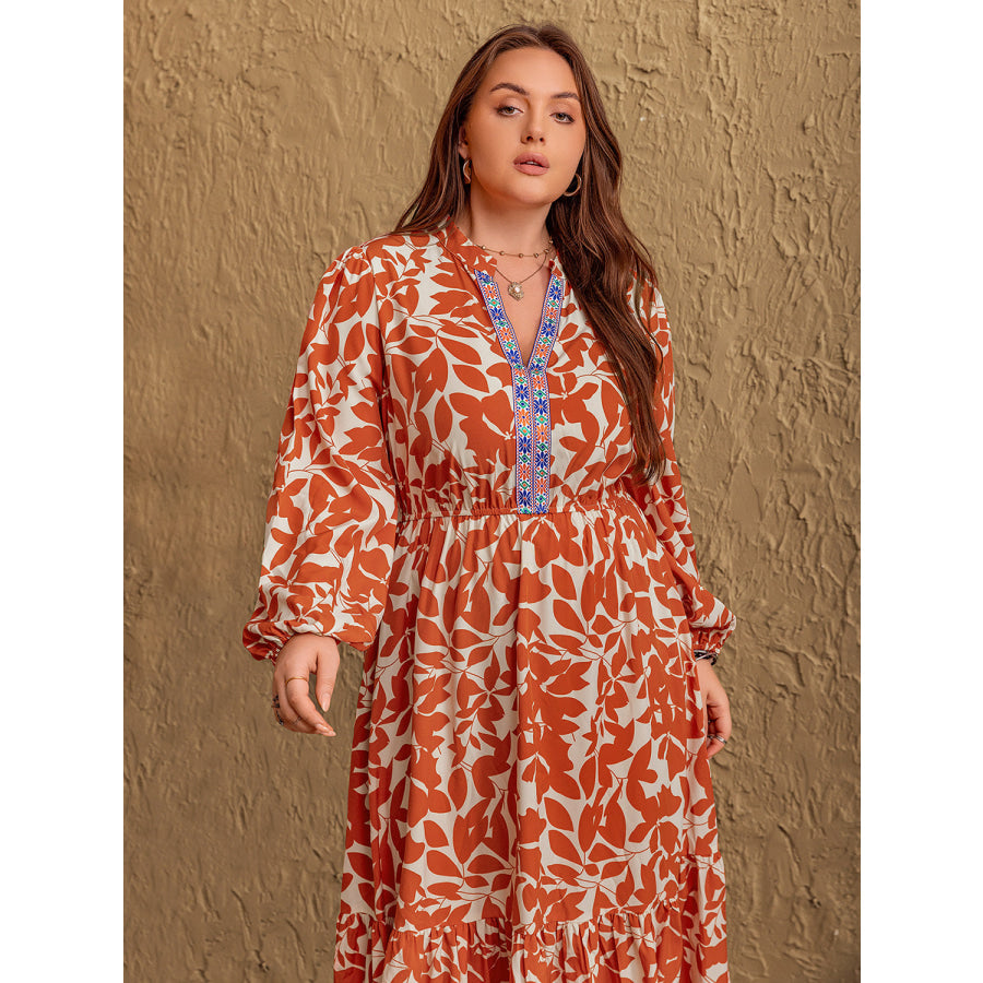 Plus Size Printed Notched Long Sleeve Maxi Dress Orange-Red / 0XL Apparel and Accessories