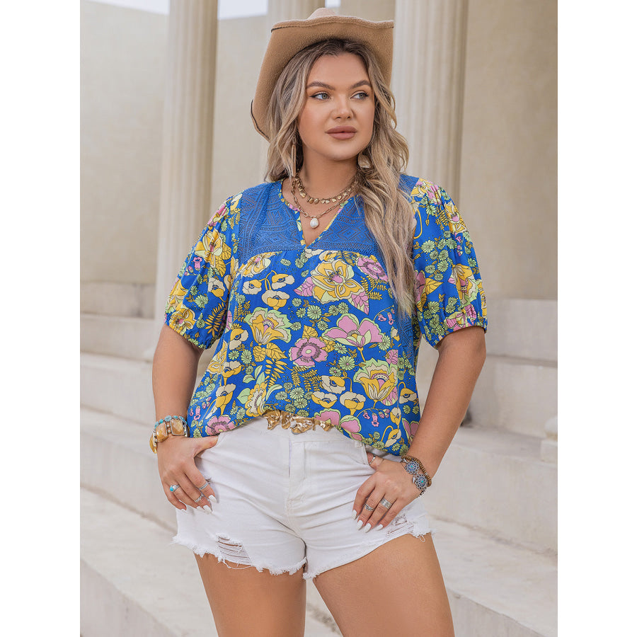 Plus Size Printed Notched Short Sleeve Blouse Apparel and Accessories