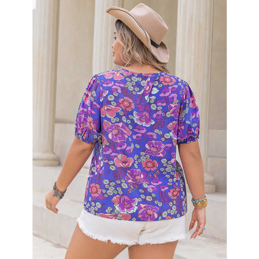 Plus Size Printed Notched Short Sleeve Blouse Apparel and Accessories