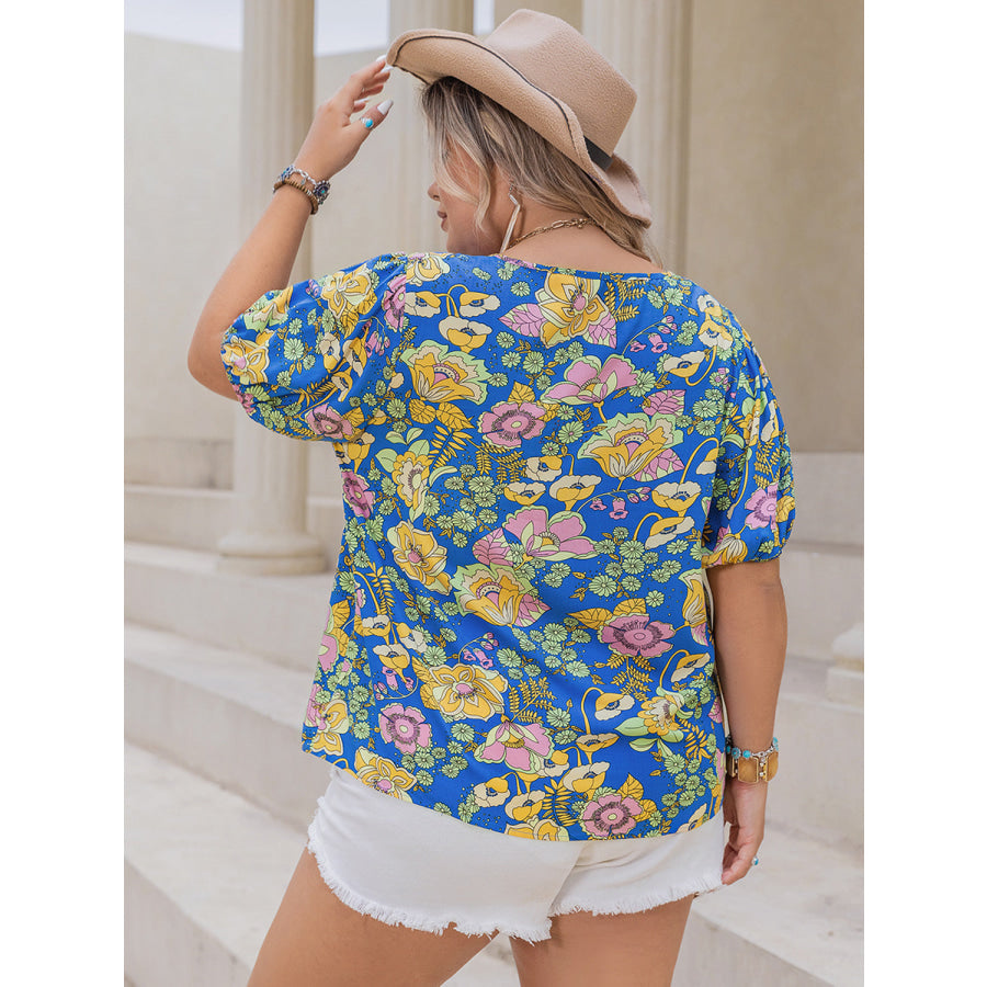 Plus Size Printed Notched Short Sleeve Blouse Apparel and Accessories