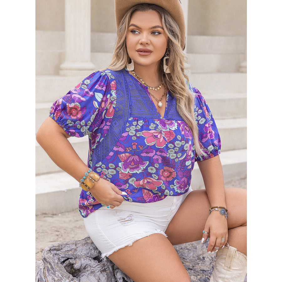 Plus Size Printed Notched Short Sleeve Blouse Apparel and Accessories