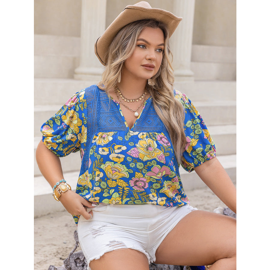 Plus Size Printed Notched Short Sleeve Blouse Apparel and Accessories