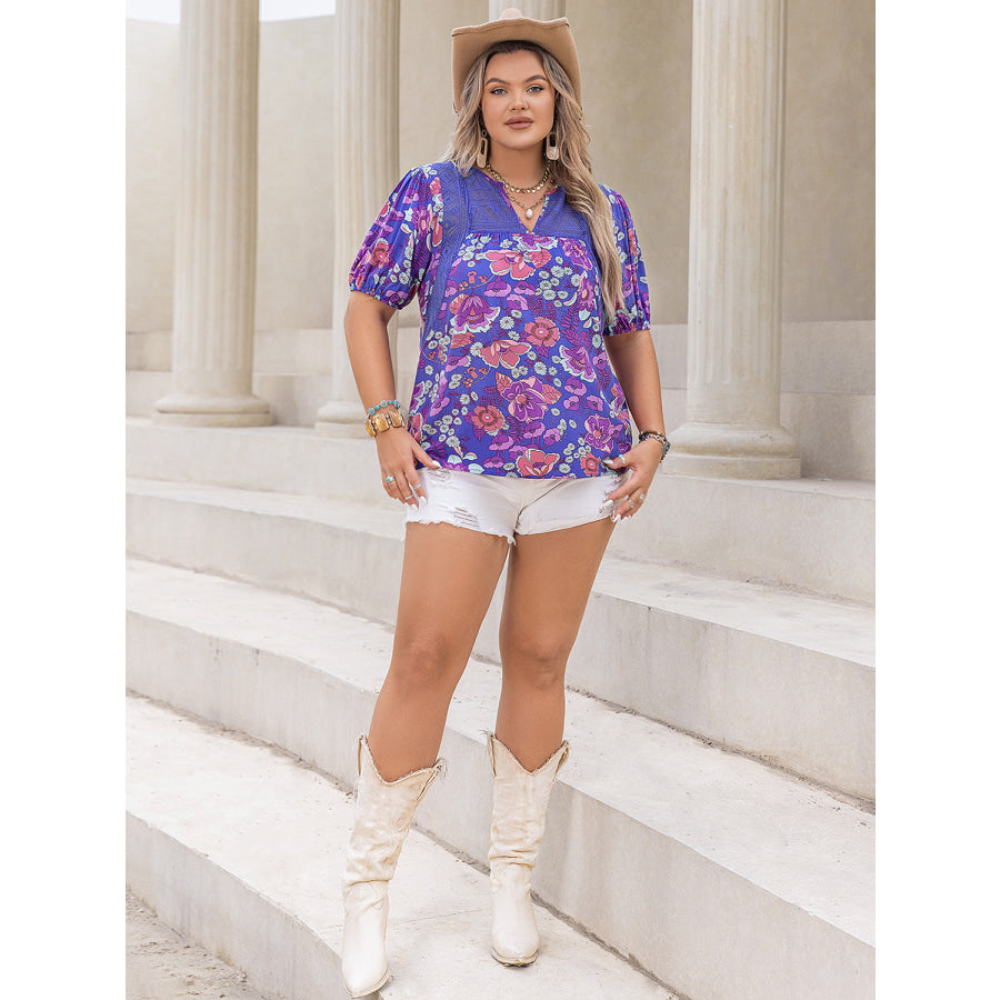 Plus Size Printed Notched Short Sleeve Blouse Apparel and Accessories