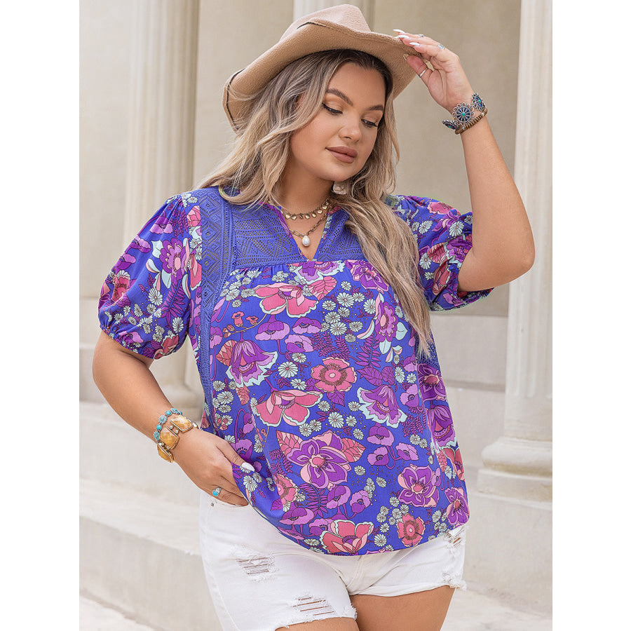 Plus Size Printed Notched Short Sleeve Blouse Apparel and Accessories