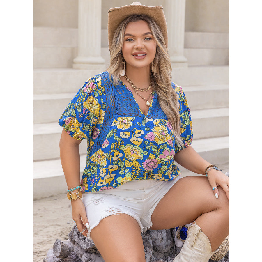 Plus Size Printed Notched Short Sleeve Blouse Apparel and Accessories