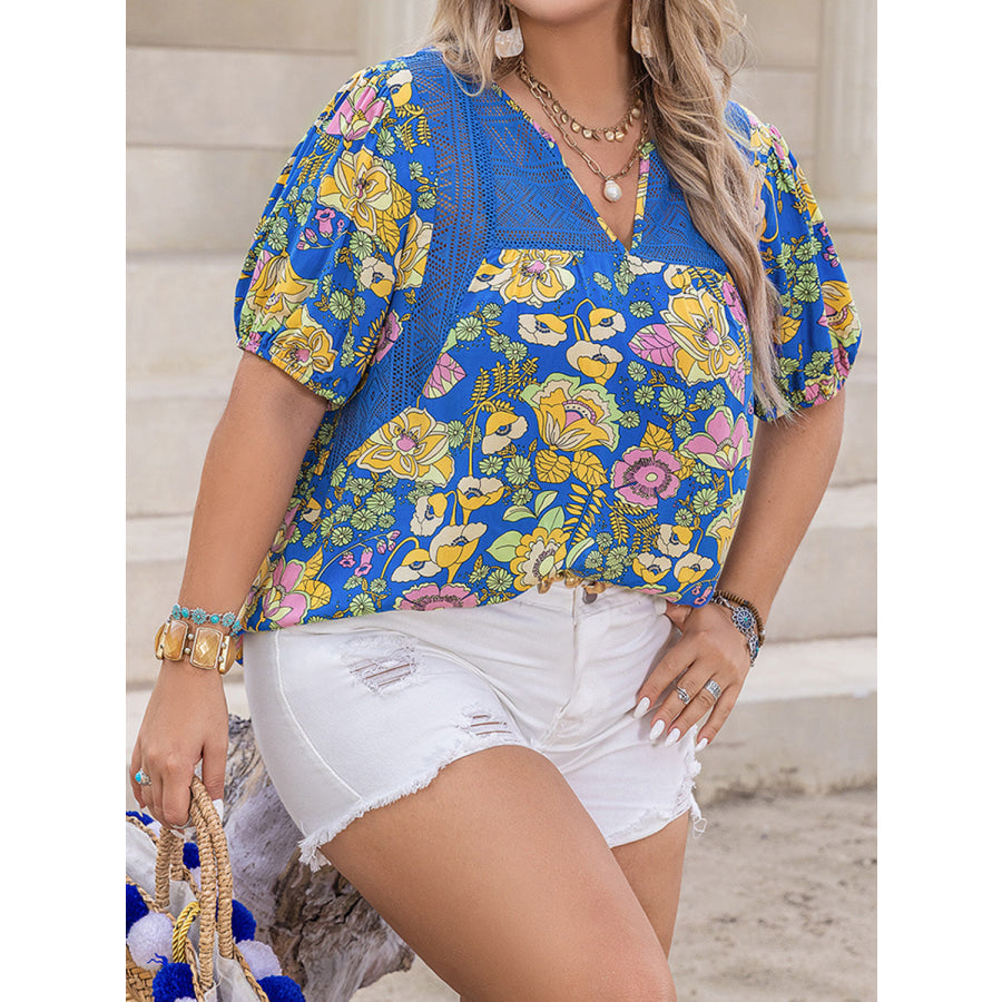 Plus Size Printed Notched Short Sleeve Blouse Apparel and Accessories