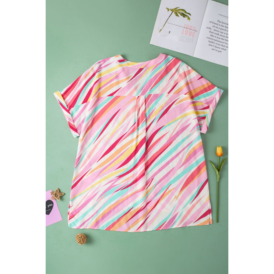 Plus Size Printed Notched Short Sleeve Blouse Apparel and Accessories