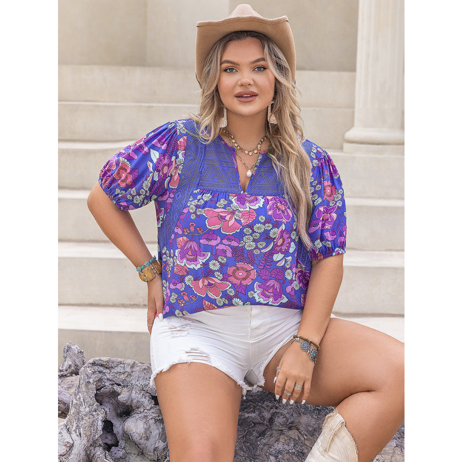 Plus Size Printed Notched Short Sleeve Blouse Apparel and Accessories