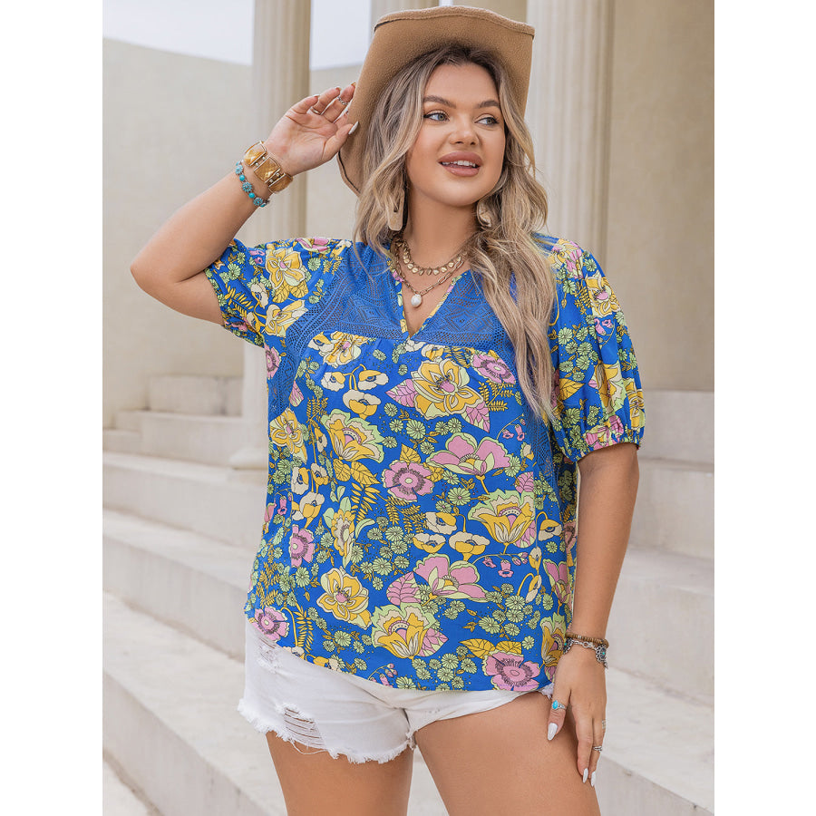 Plus Size Printed Notched Short Sleeve Blouse Blue / 0XL Apparel and Accessories