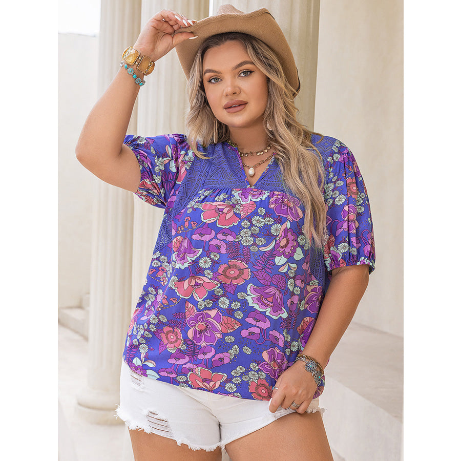 Plus Size Printed Notched Short Sleeve Blouse Electric Purple / 0XL Apparel and Accessories