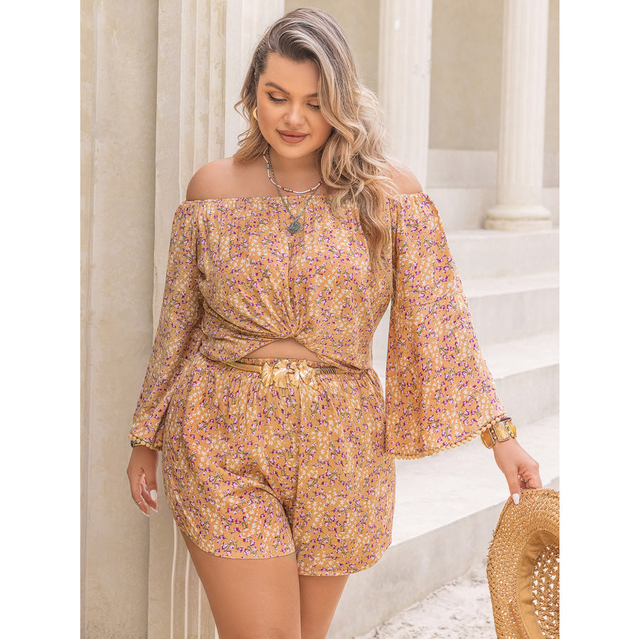 Plus Size Printed Off-Shoulder Top and Shorts Set Jumpsuits and Rompers