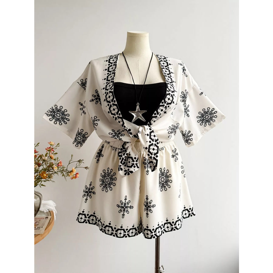 Plus Size Printed Open Front Cardigan and Shorts Set Apparel and Accessories