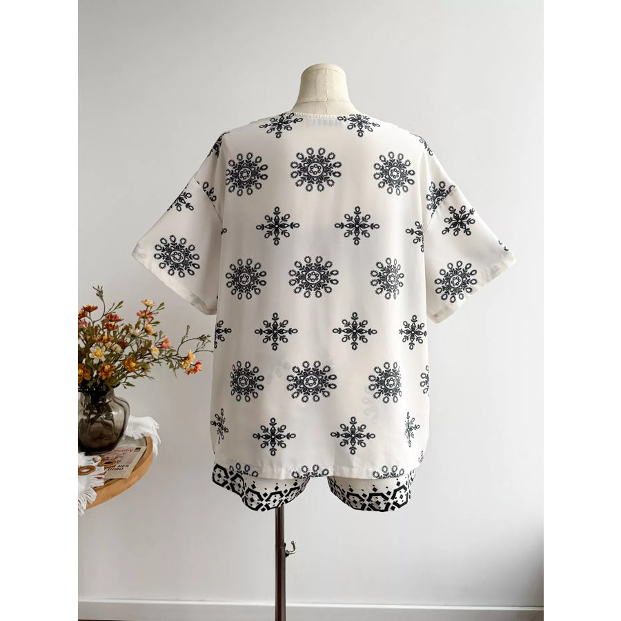 Plus Size Printed Open Front Cardigan and Shorts Set Apparel and Accessories