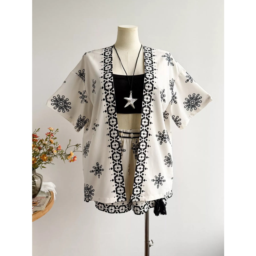 Plus Size Printed Open Front Cardigan and Shorts Set Apparel and Accessories