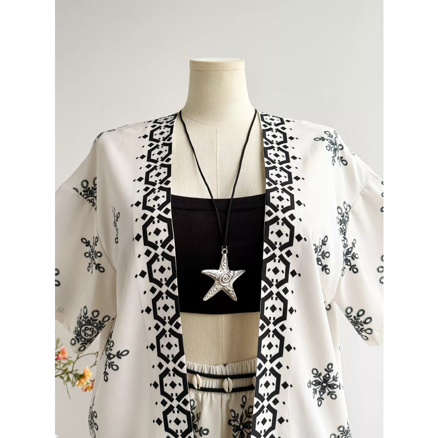 Plus Size Printed Open Front Cardigan and Shorts Set Apparel and Accessories