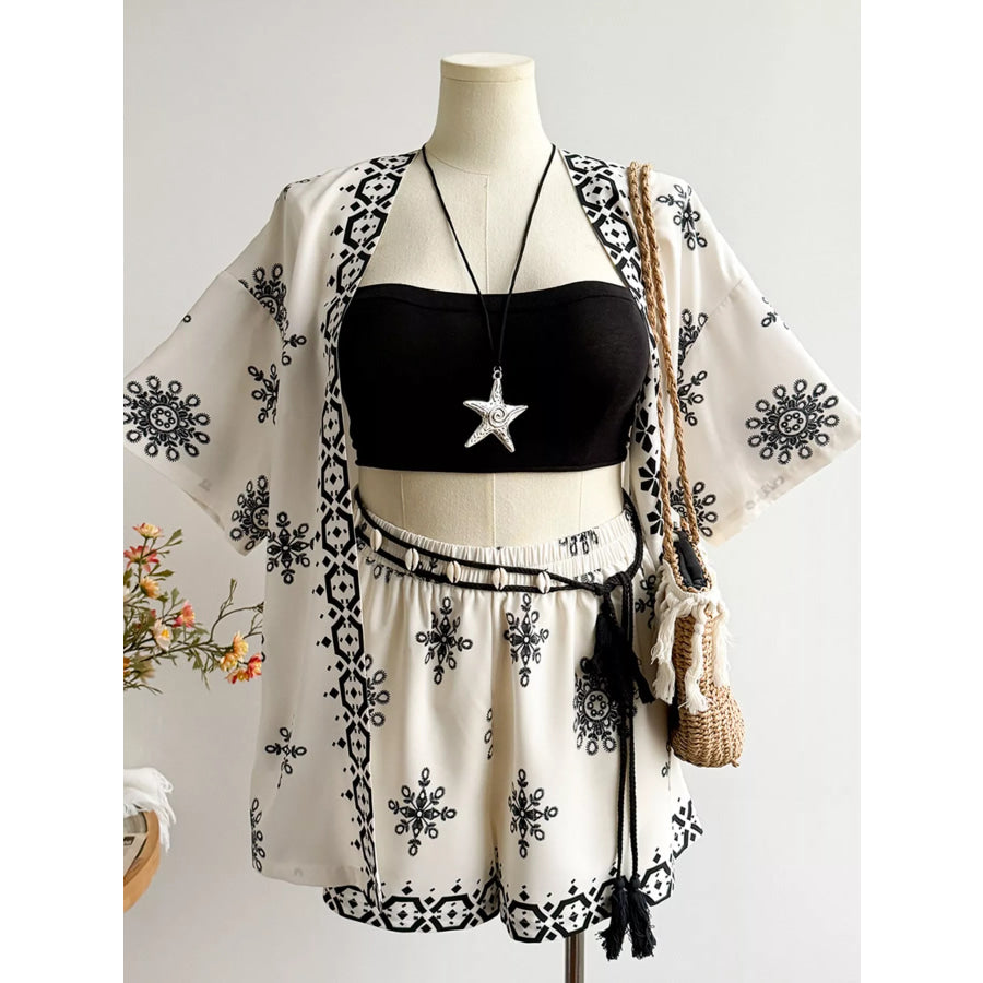 Plus Size Printed Open Front Cardigan and Shorts Set Apparel and Accessories
