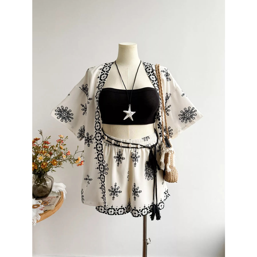 Plus Size Printed Open Front Cardigan and Shorts Set Beige / 0XL Apparel and Accessories