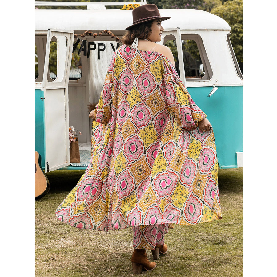 Plus Size Printed Open Front Cover Up and Pants Set Multicolor / 0XL Apparel and Accessories