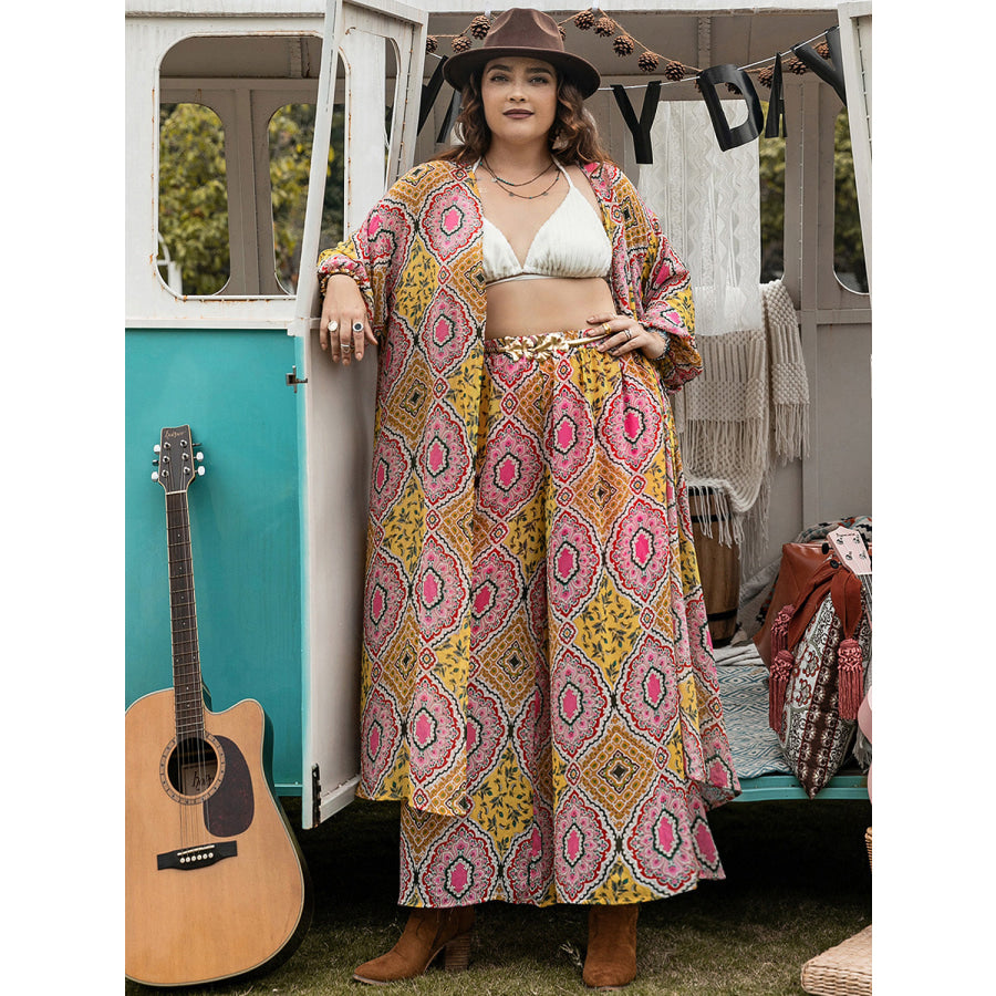Plus Size Printed Open Front Cover Up and Pants Set Multicolor / 0XL Apparel and Accessories