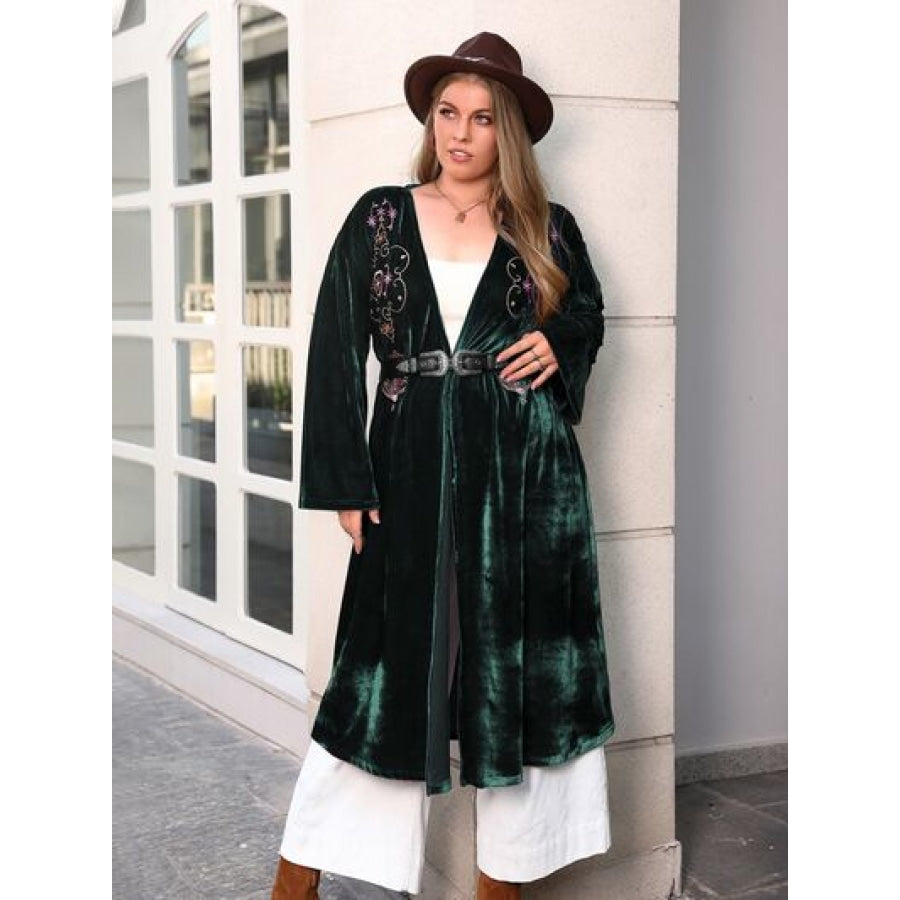 Plus Size Printed Open Front Long Sleeve Cardigan Green / 0XL Clothing