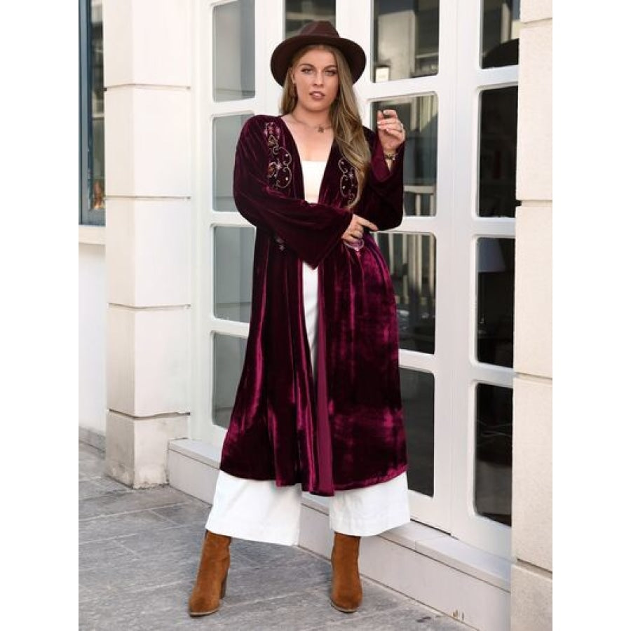 Plus Size Printed Open Front Long Sleeve Cardigan Plum / 0XL Clothing