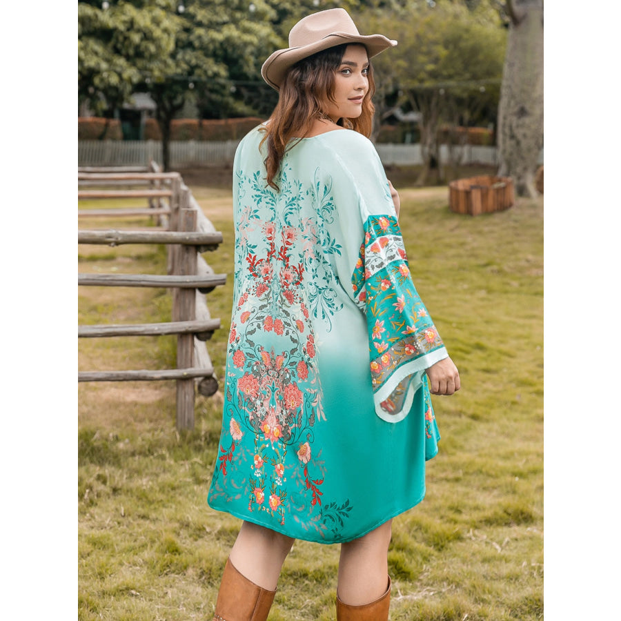 Plus Size Printed Open Front Long Sleeve Cover Up Apparel and Accessories