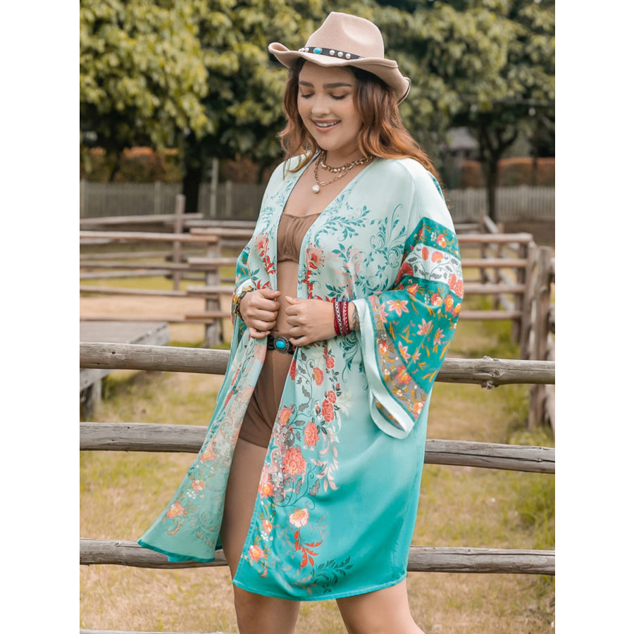 Plus Size Printed Open Front Long Sleeve Cover Up Apparel and Accessories
