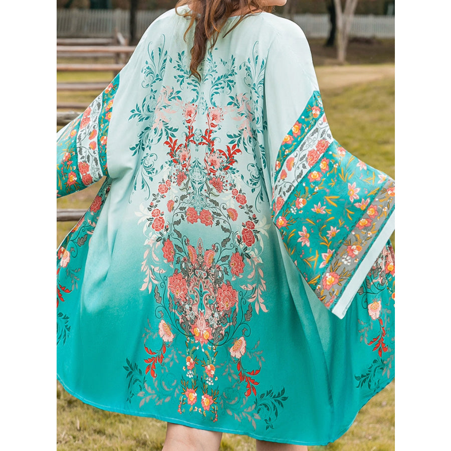 Plus Size Printed Open Front Long Sleeve Cover Up Apparel and Accessories
