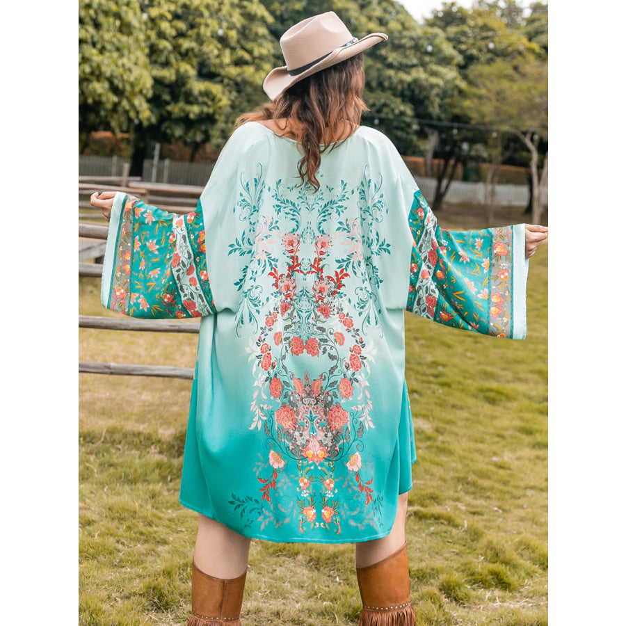 Plus Size Printed Open Front Long Sleeve Cover Up Apparel and Accessories