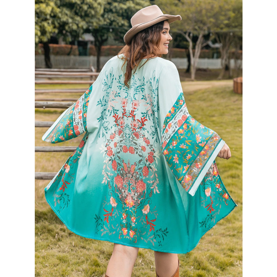 Plus Size Printed Open Front Long Sleeve Cover Up Apparel and Accessories