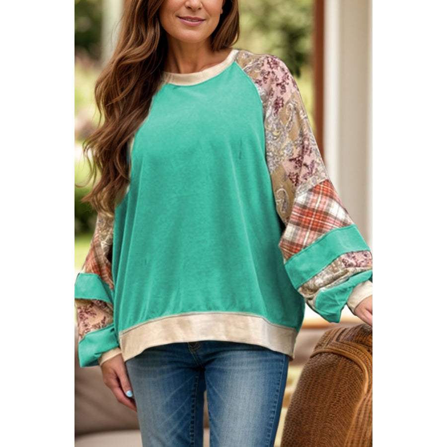 Plus Size Printed Raglan Sleeve Sweatshirt Turquoise / 1XL Apparel and Accessories