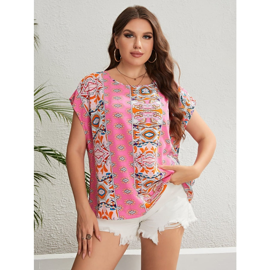 Plus Size Printed Round Neck Blouse Carnation Pink / 1XL