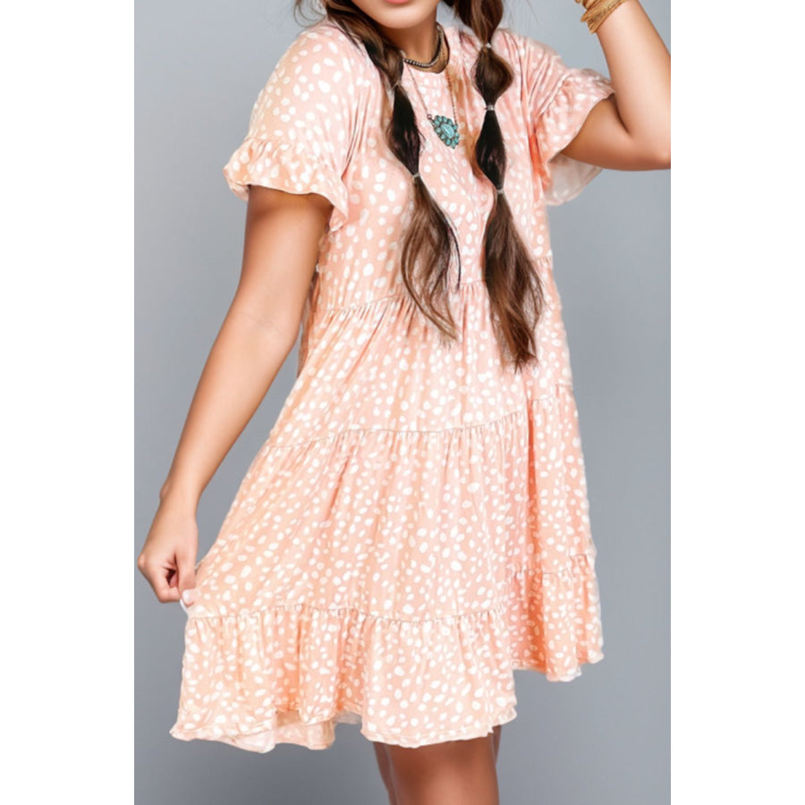 Plus Size Printed Round Neck Flounce Sleeve Mini Dress Apparel and Accessories