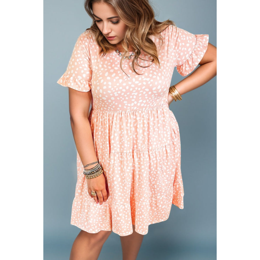 Plus Size Printed Round Neck Flounce Sleeve Mini Dress Apparel and Accessories