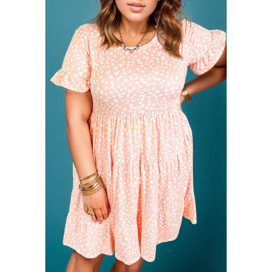 Plus Size Printed Round Neck Flounce Sleeve Mini Dress Peach / 1XL Apparel and Accessories