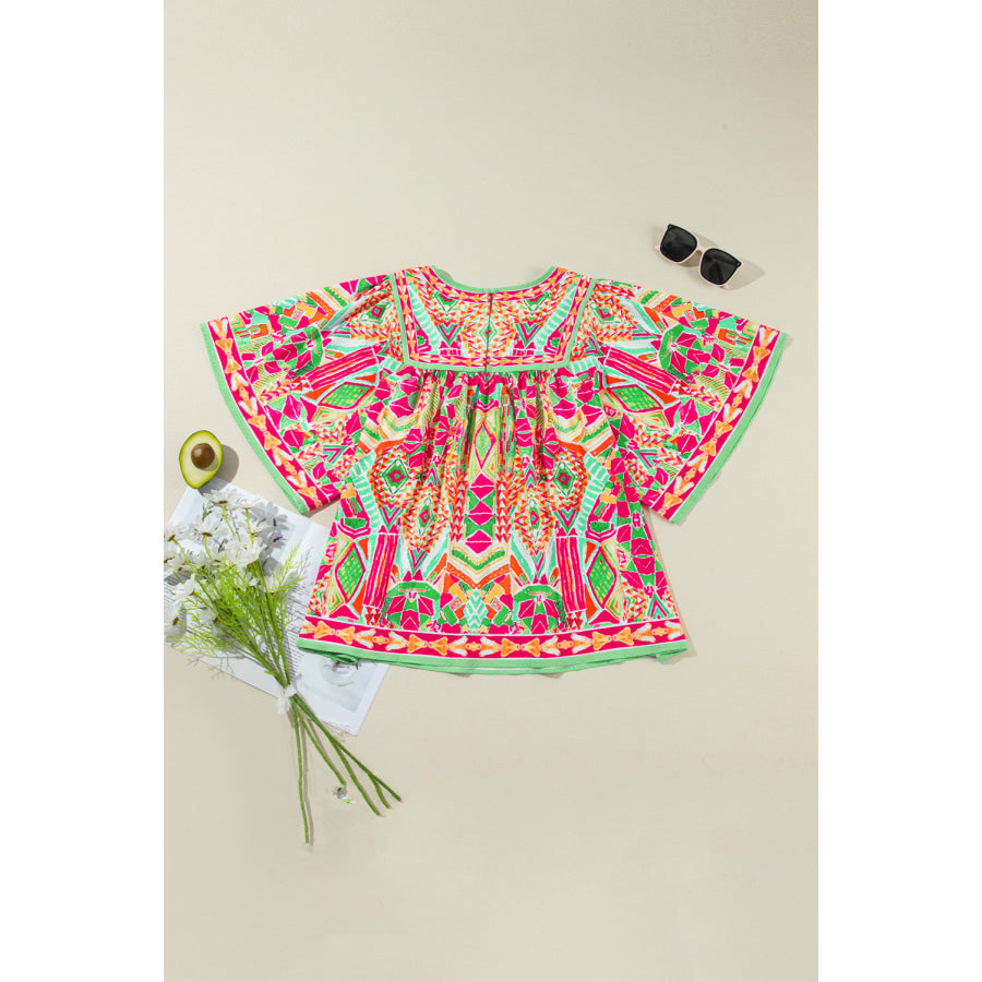Plus Size Printed Round Neck Half Sleeve Blouse Neon Green / 1XL Apparel and Accessories