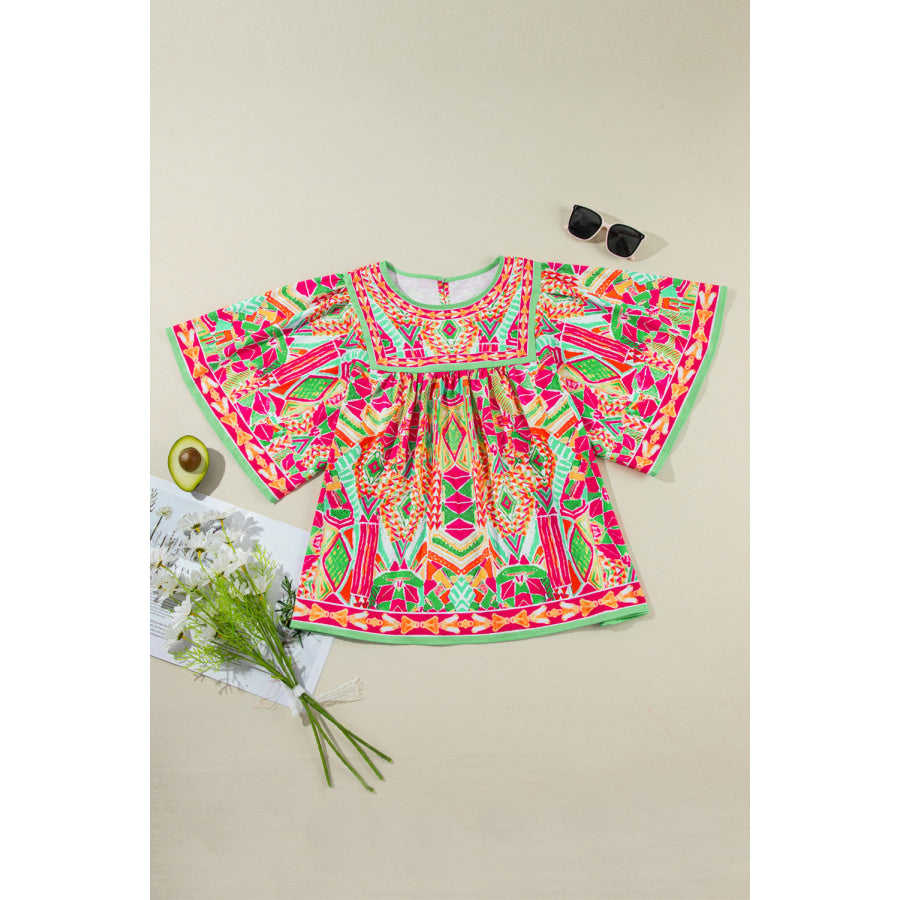 Plus Size Printed Round Neck Half Sleeve Blouse Neon Green / 1XL Apparel and Accessories