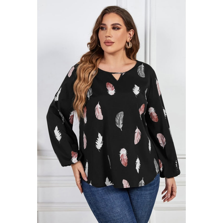 Plus Size Printed Round Neck Long Sleeve Cutout Blouse Black / 1XL