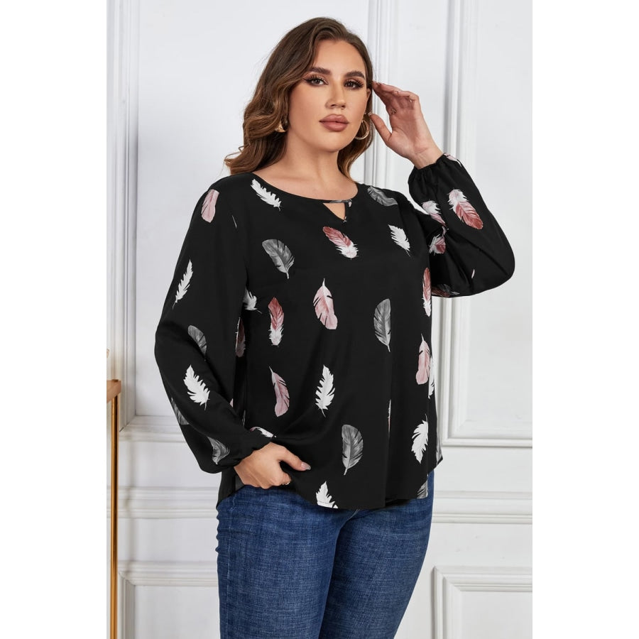 Plus Size Printed Round Neck Long Sleeve Cutout Blouse