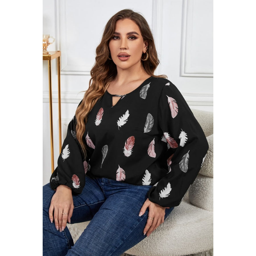 Plus Size Printed Round Neck Long Sleeve Cutout Blouse