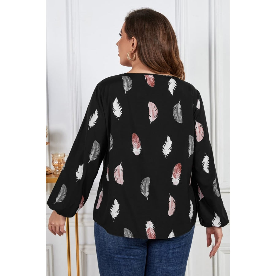 Plus Size Printed Round Neck Long Sleeve Cutout Blouse