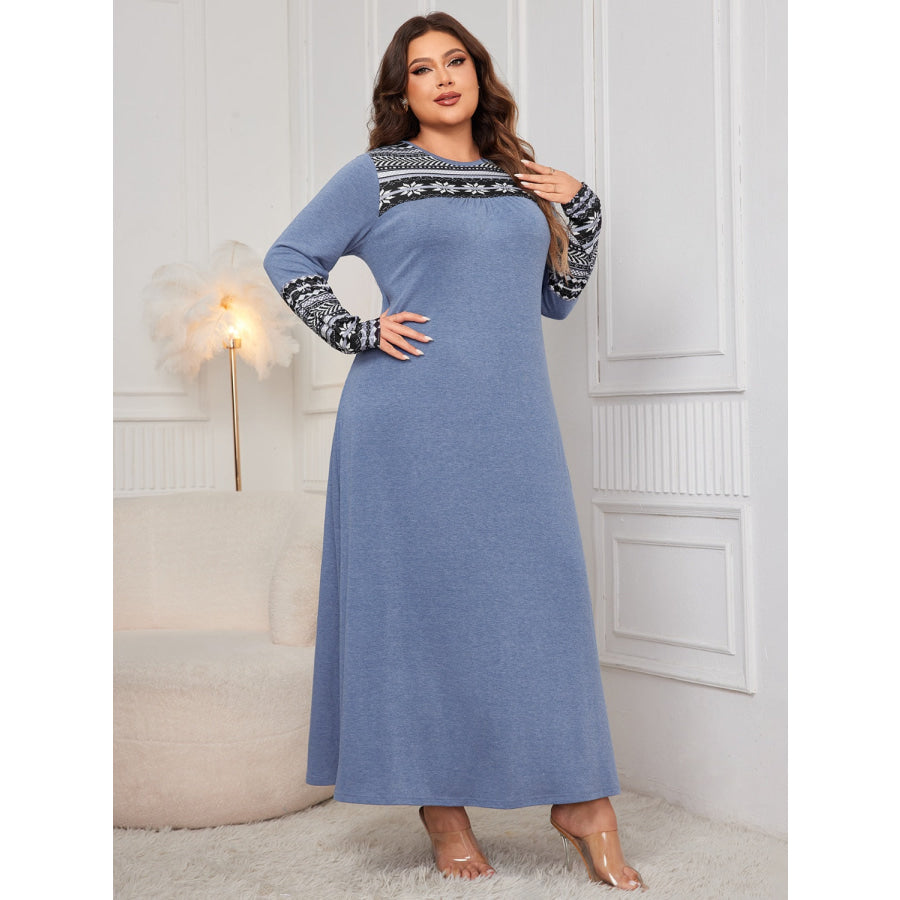 Plus Size Printed Round Neck Long Sleeve Dress Apparel and Accessories