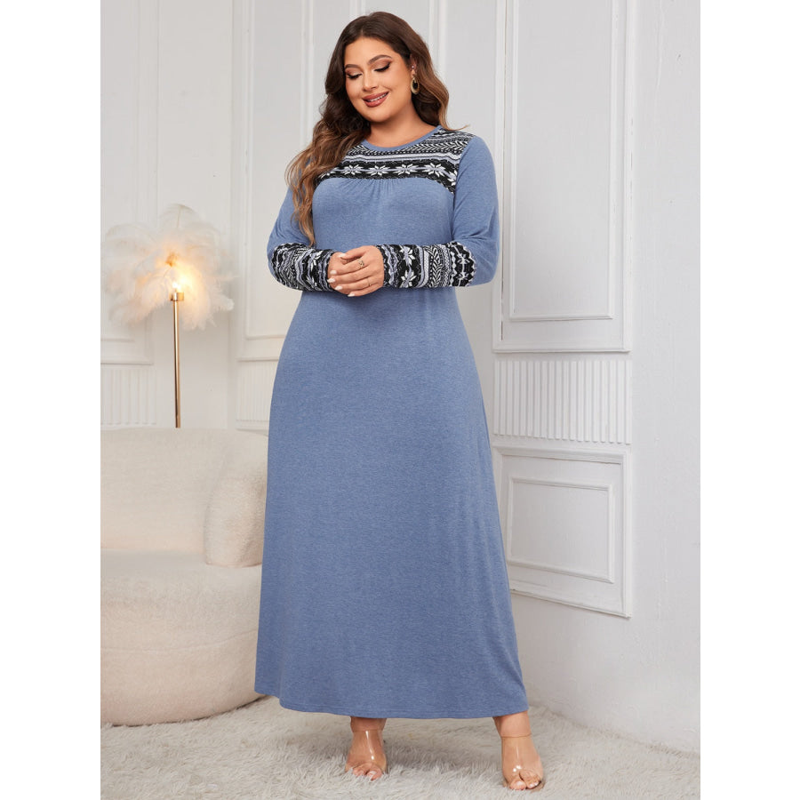 Plus Size Printed Round Neck Long Sleeve Dress Apparel and Accessories