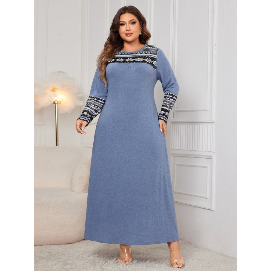 Plus Size Printed Round Neck Long Sleeve Dress Apparel and Accessories