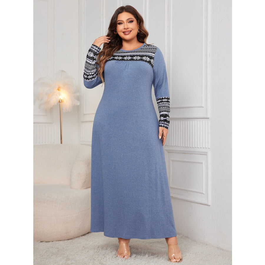 Plus Size Printed Round Neck Long Sleeve Dress Apparel and Accessories