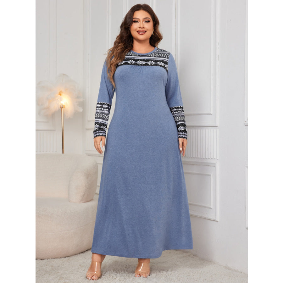 Plus Size Printed Round Neck Long Sleeve Dress Dusty Blue / 1XL Apparel and Accessories